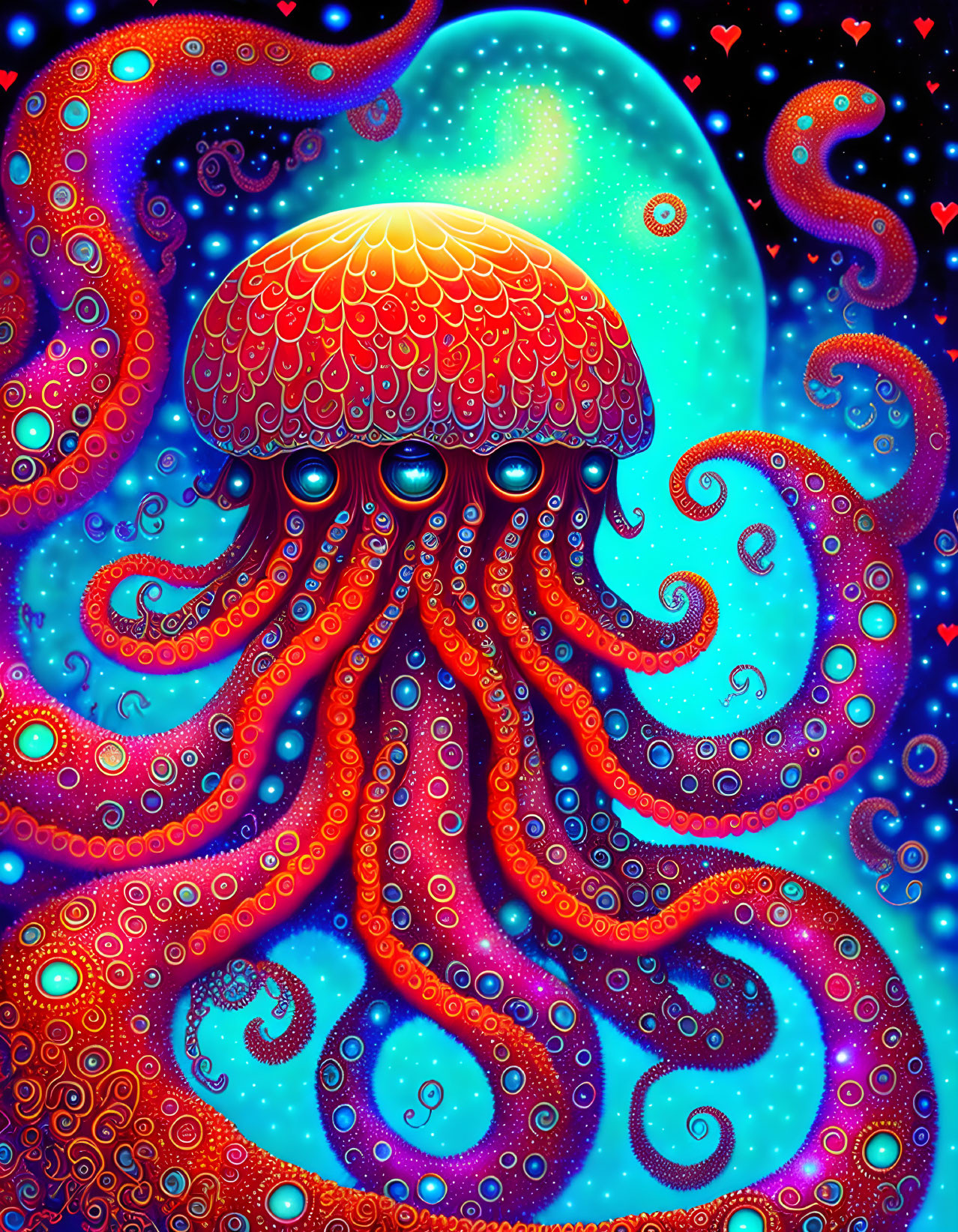 Colorful octopus illustration with patterned tentacles on starry backdrop.