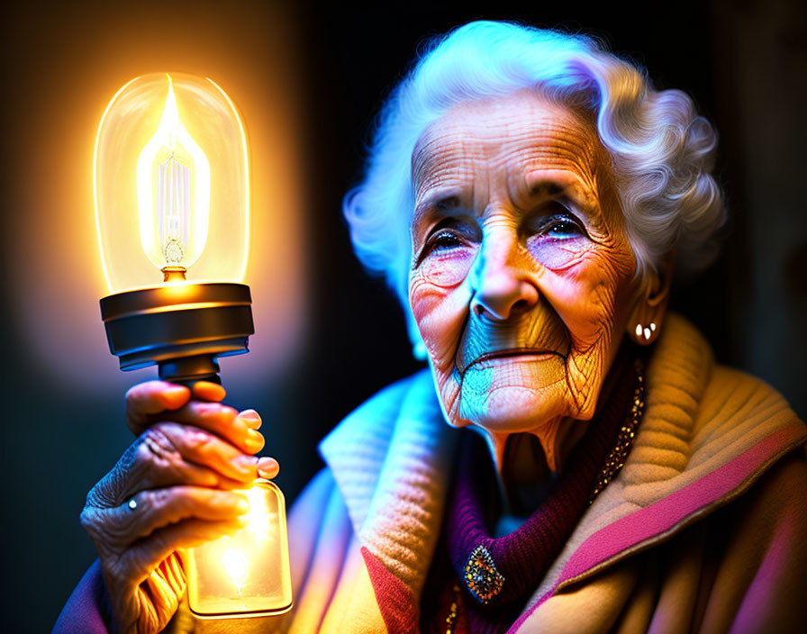 Elderly woman holding glowing lightbulb emits warmth and wisdom