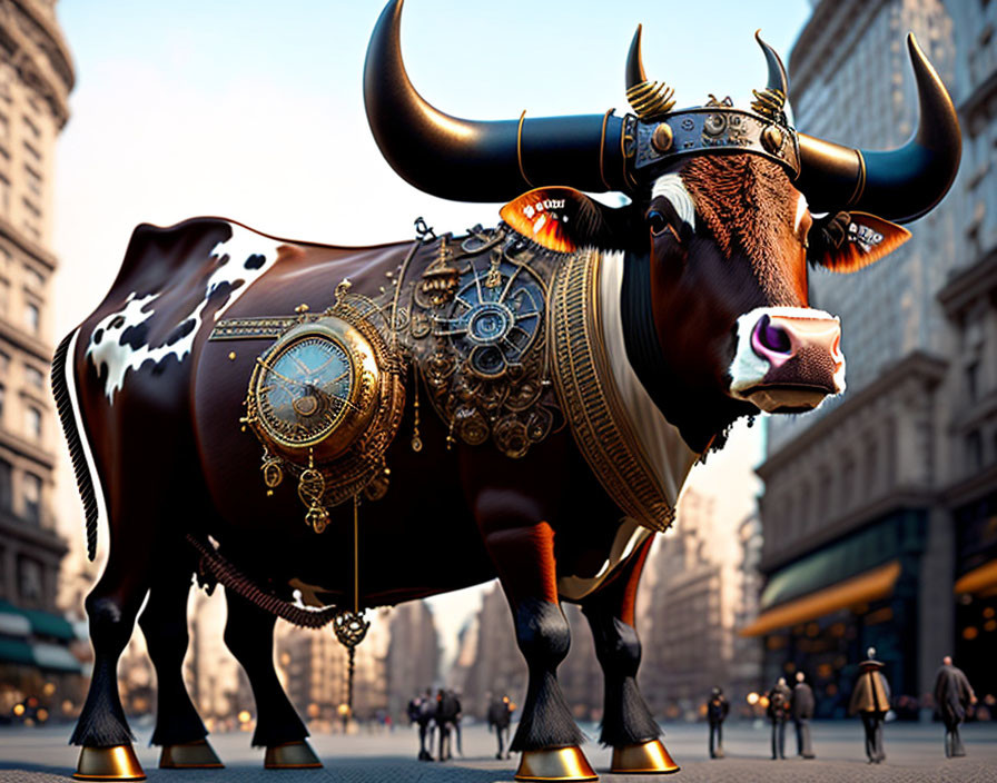 Steampunk-inspired mechanical bull with gears in urban setting