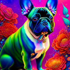 Colorful French Bulldog surrounded by neon flowers on magenta background