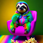 Colorful Rainbow Sloth Relaxing on Pink Chair with Popcorn on Colorful Floor