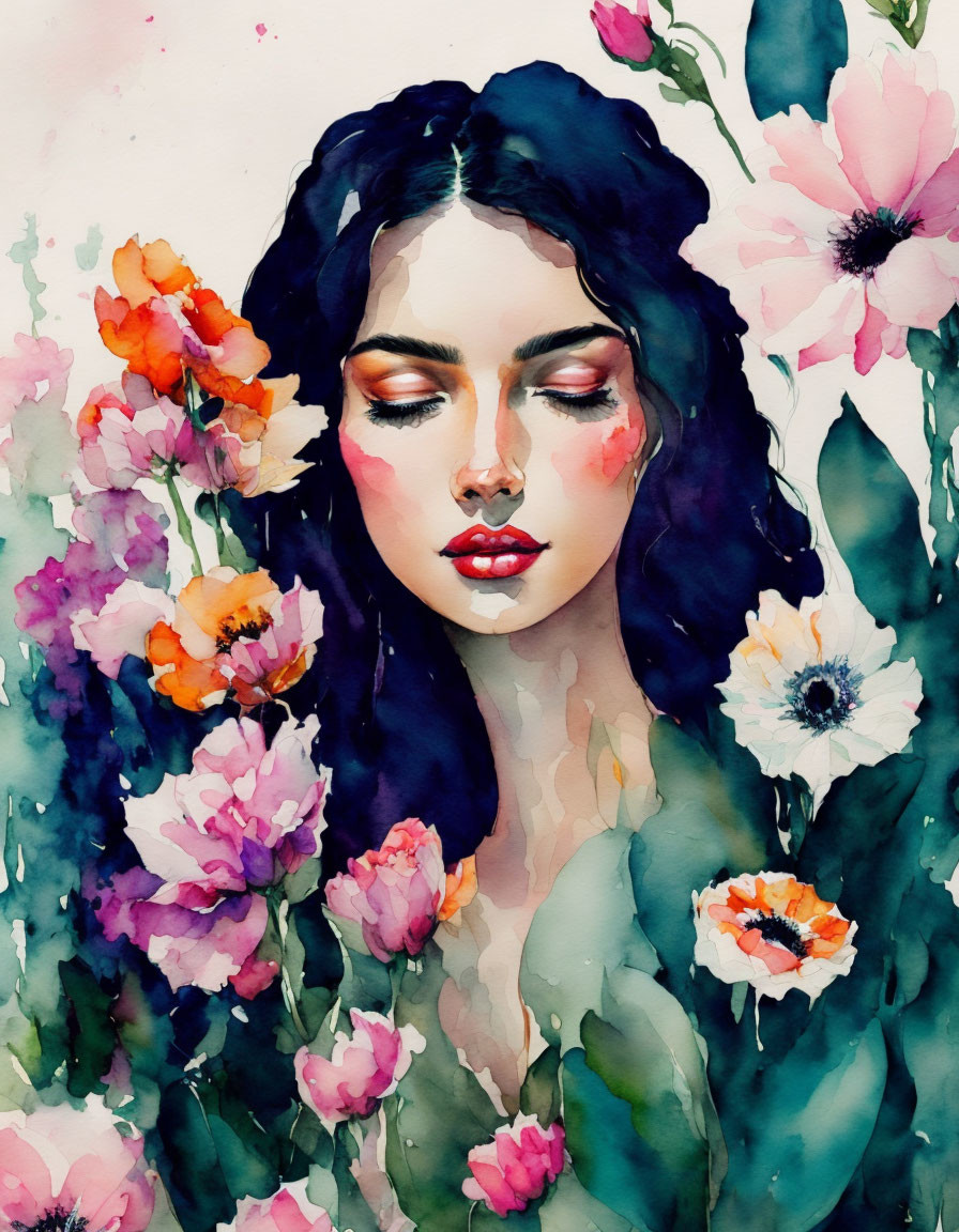 Colorful Watercolor Illustration of Woman Surrounded by Flowers