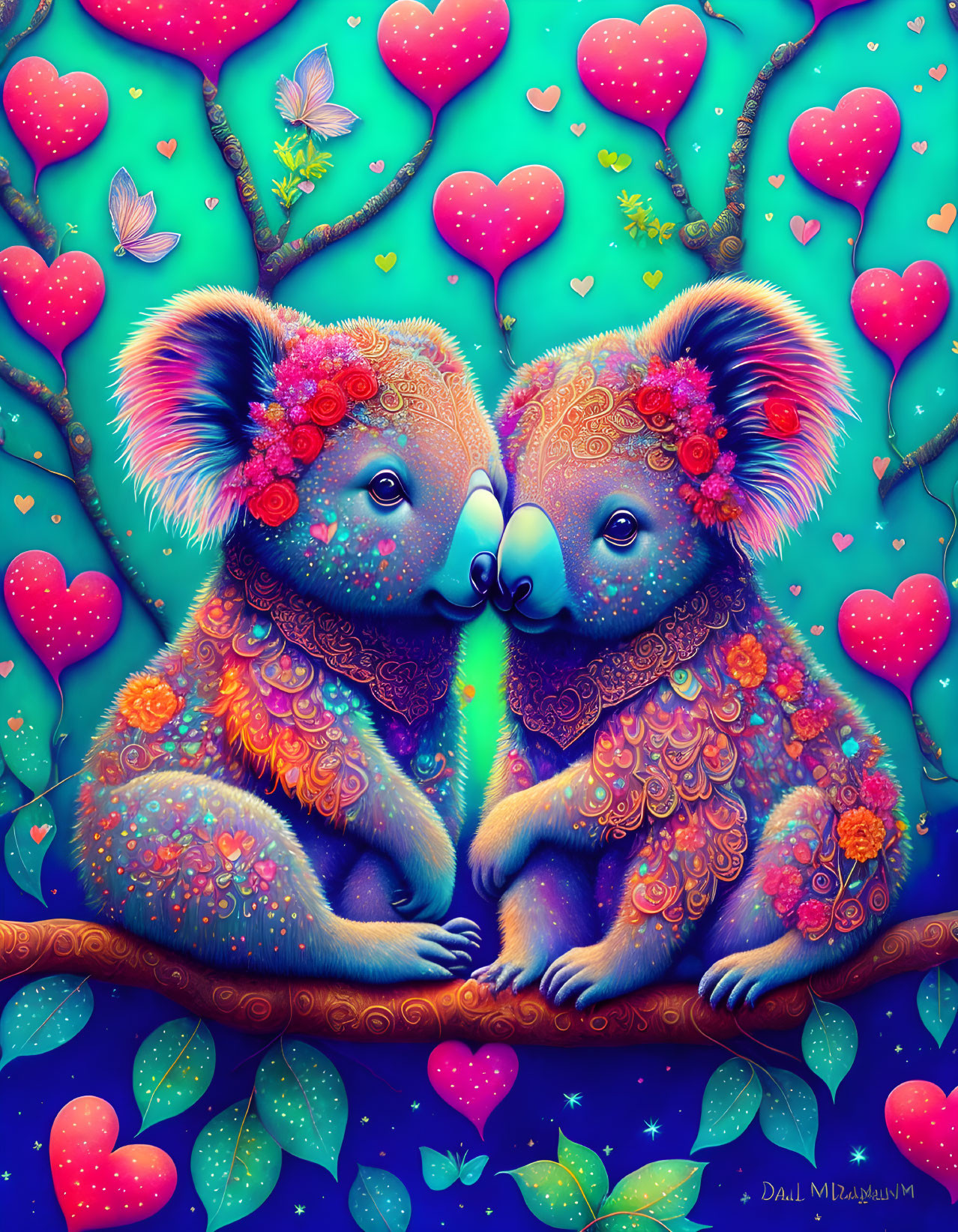 Colorful Whimsical Koalas with Ornate Fur Patterns and Heart-Shaped Leaves