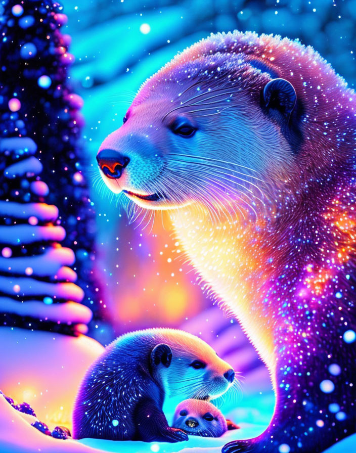 Neon-colored polar bears in whimsical snowy scene