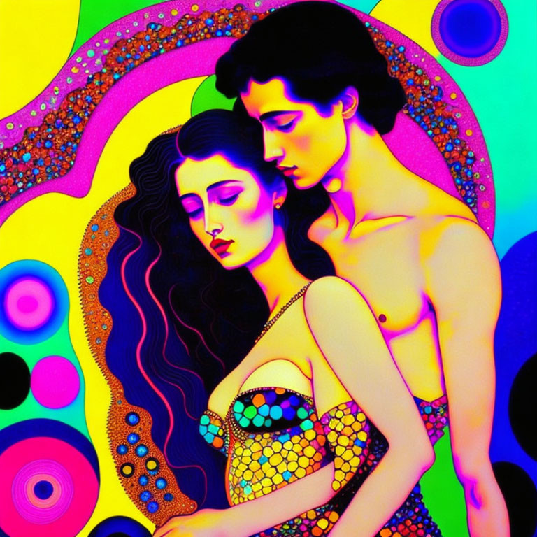 Abstract artwork: Stylized figures embrace in vibrant colors