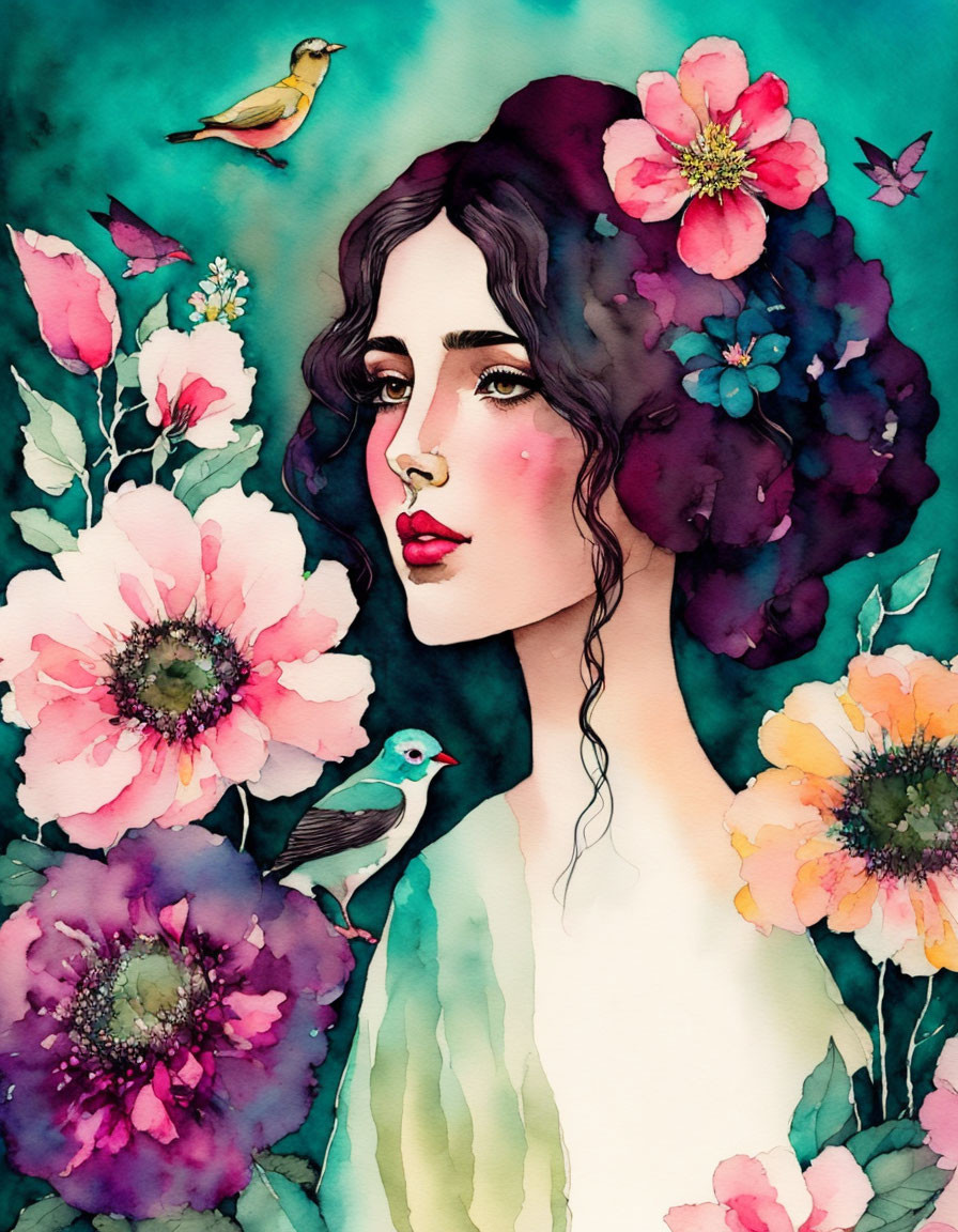 Vibrant nature-themed woman illustration with flowers and birds in hair