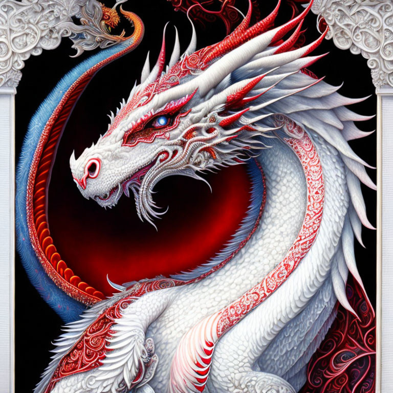 Detailed White and Red Dragon Illustration with Stylized Clouds