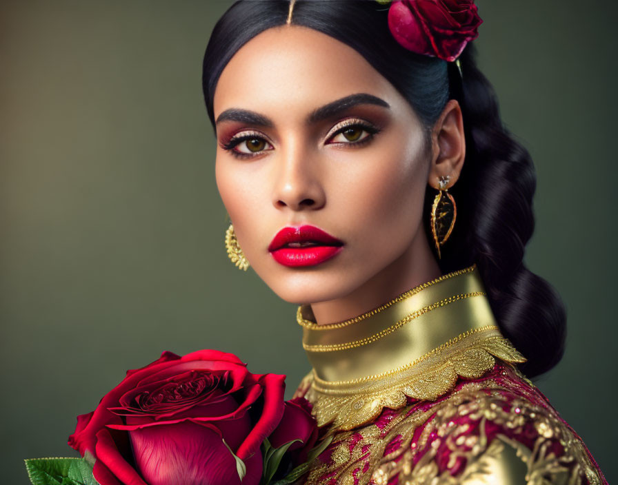 Woman with dramatic makeup and rose in hair, wearing gold outfit, holding red rose on green background