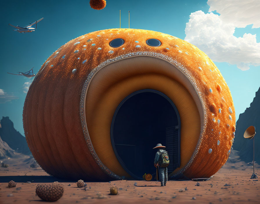 Traveler with backpack at giant orange donut building in desert landscape