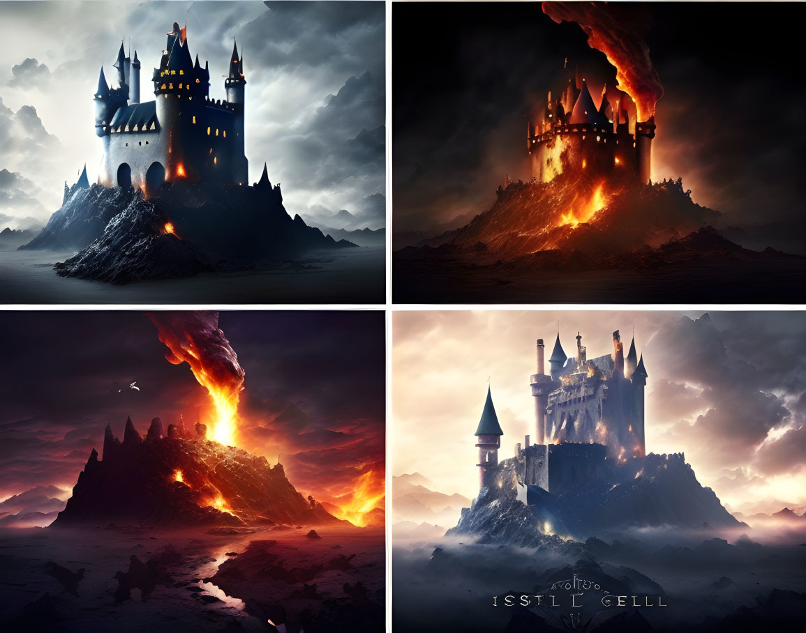 Variations of a dramatic castle in different settings