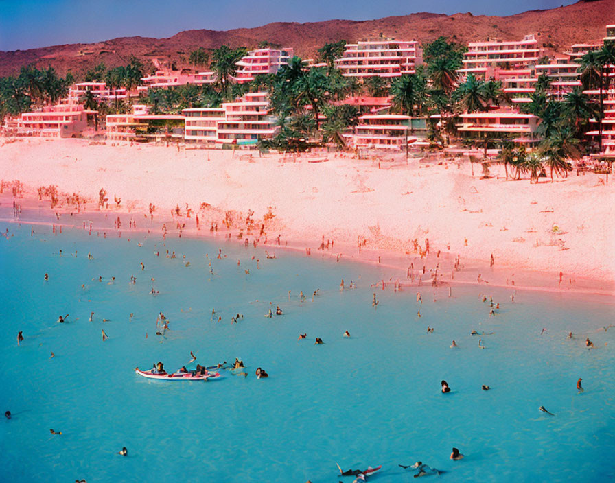 Beach scene with people swimming and sunbathing, boat, terracotta resort under blue sky