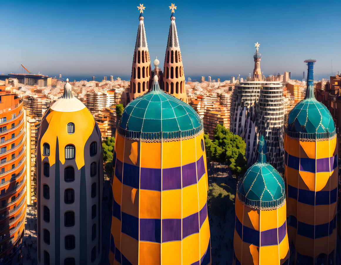 Colorful Mosaic-Adorned Towers in Barcelona's Gaudí Architecture