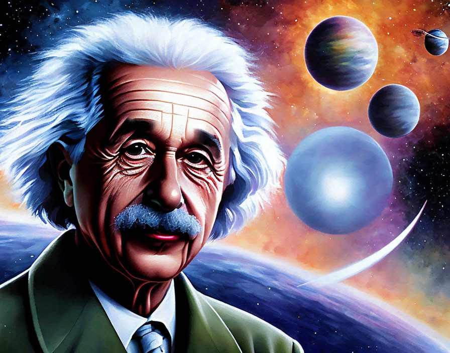 Colorful illustration: Person with white hair and mustache against space backdrop.