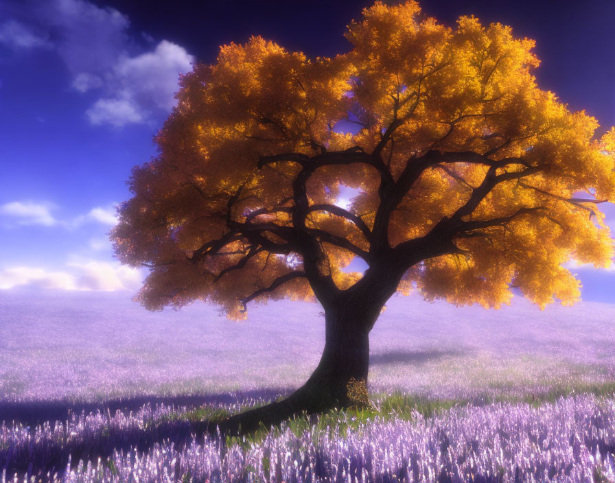 Solitary Tree with Vibrant Yellow Leaves in Purple-Flowered Meadow