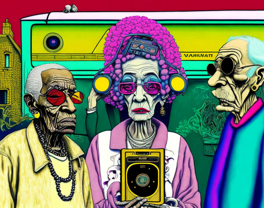 Colorful digital artwork: Three stylized elderly figures with retro camera in vibrant setting