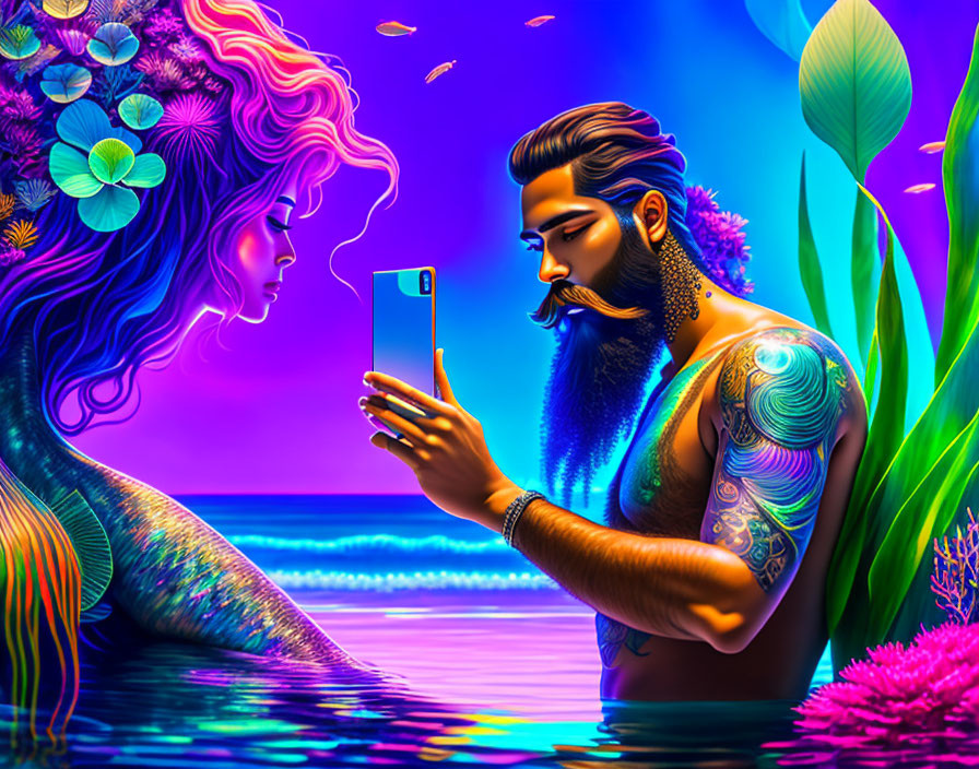 Colorful Artwork: Bearded Man with Tattoos and Phone, Woman's Ethereal Face,