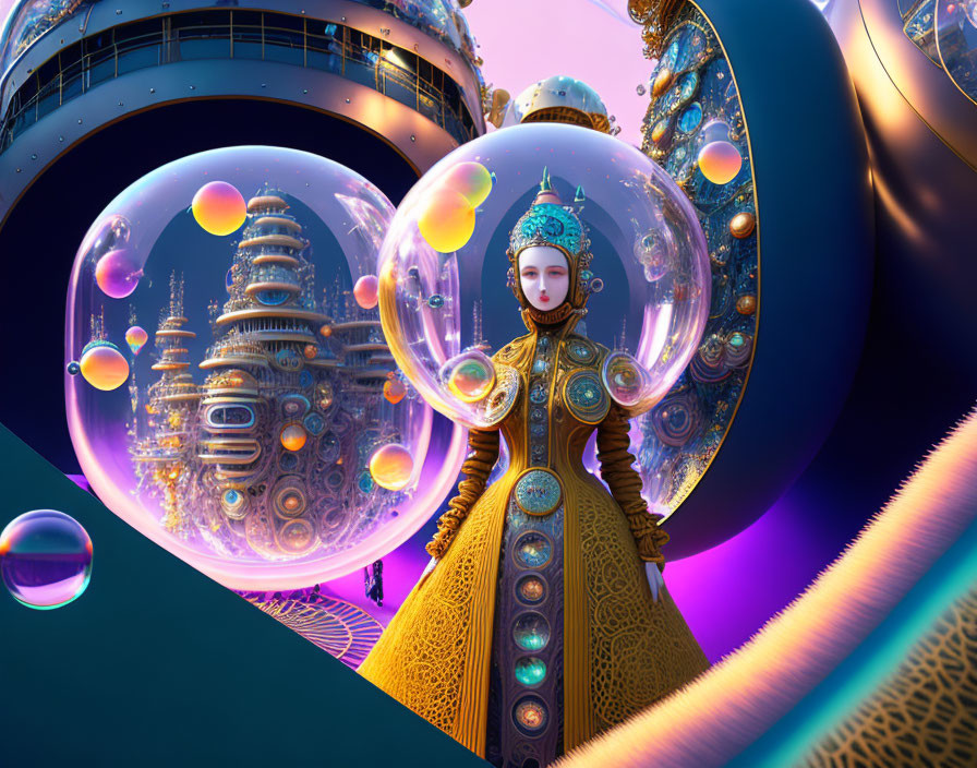 Futuristic female figure in elaborate attire amid vibrant bubbles and fantastical architecture under a purple sky