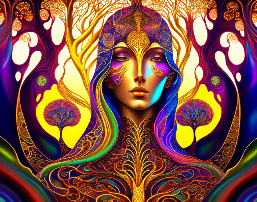 Colorful Psychedelic Woman Illustration with Swirling Trees