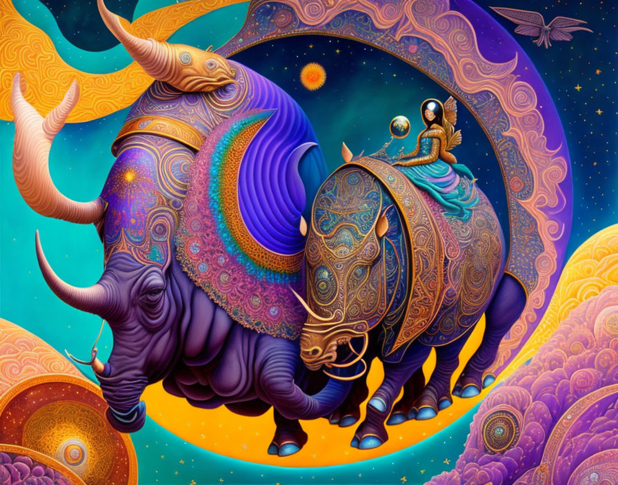 Vibrant illustration of stylized bull and robed figure in cosmic scene