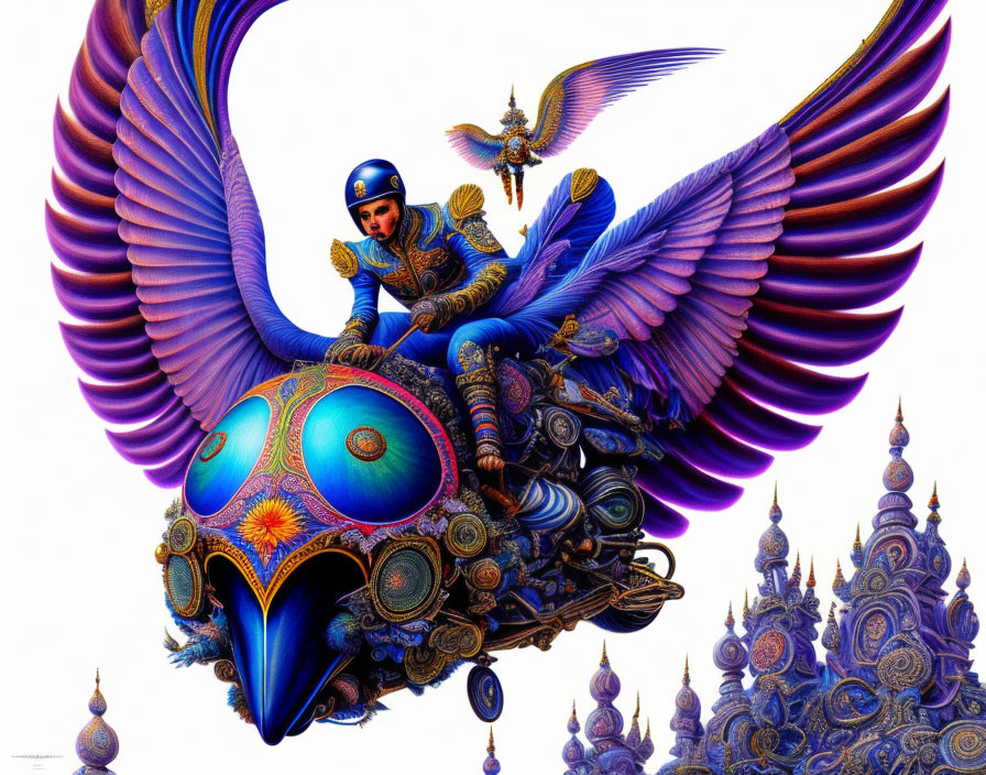 Colorful artwork: person on mechanical bird with ornate wings, intricate towers background