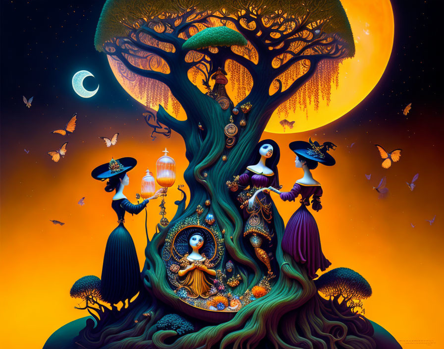 Vibrant tree with hidden faces, figures, butterflies, and moon