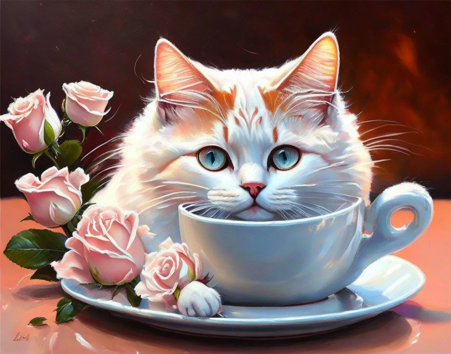 Fluffy white-and-ginger cat with blue eyes in teacup with pink roses