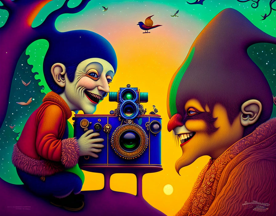 Whimsical characters with exaggerated features and vintage camera in colorful illustration