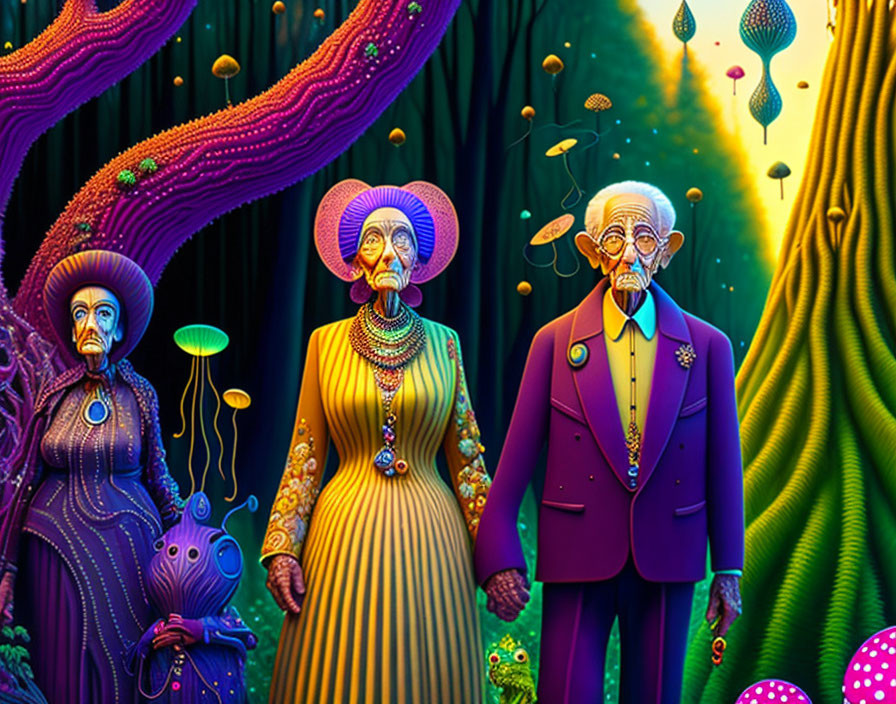 Elderly fantastical couple in vibrant psychedelic forest