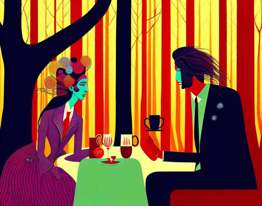 Colorful Abstract Forest Scene with Stylized Figures Seated at Table