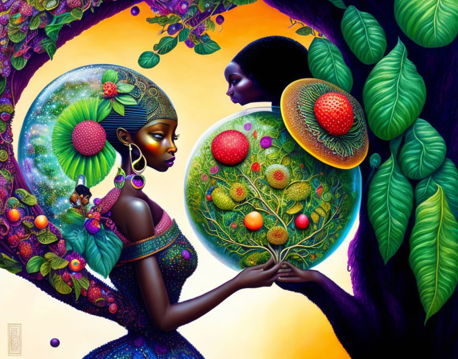 Colorful Artwork: Stylized Figures with Ornate Spheres amid Lush Flora