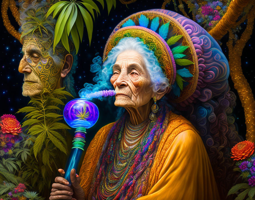 Colorful Headwrap Elderly Woman Smoking Pipe with Man in Psychedelic Nature Scene