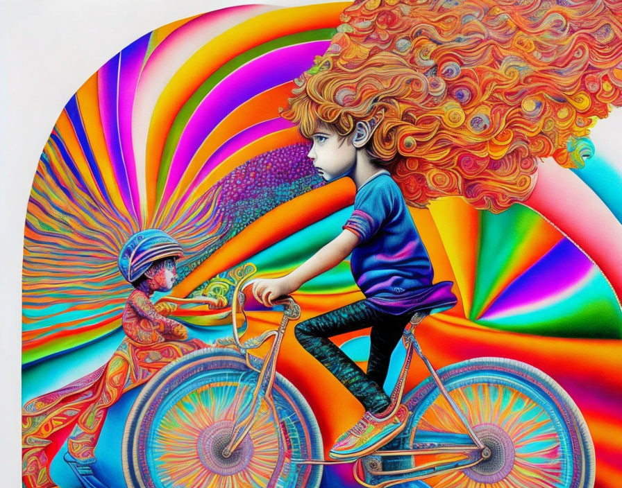 Colorful artwork: child with red hair biking next to smaller figure on rainbow background