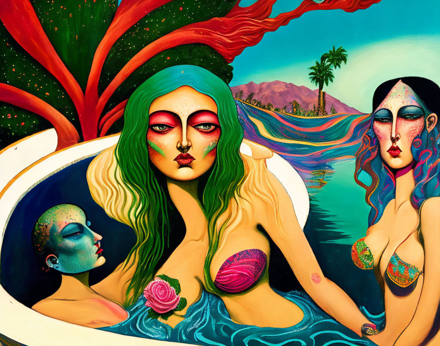 Surreal colorful landscape with vibrant green-skinned women and floating head