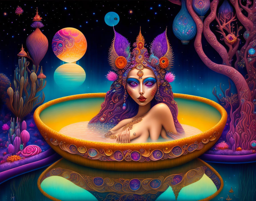 Mystical artwork of woman in elaborate headgear in golden bowl surrounded by vibrant flora