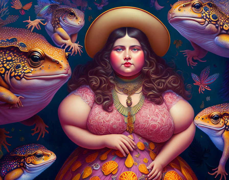 Colorful illustration: Woman with large toads on dark floral backdrop