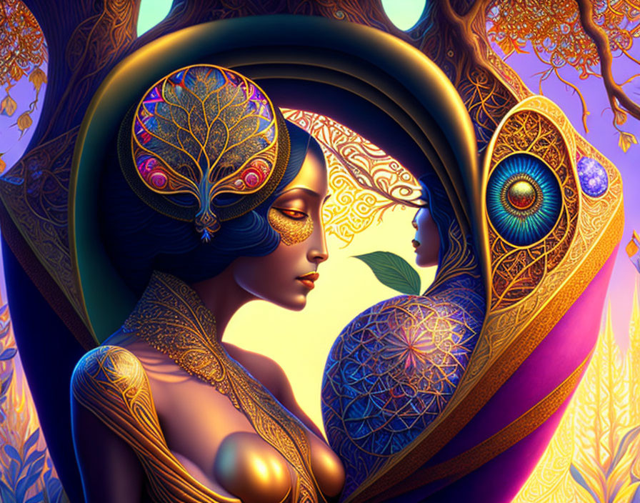 Stylized digital artwork featuring ornate figures with vibrant colors