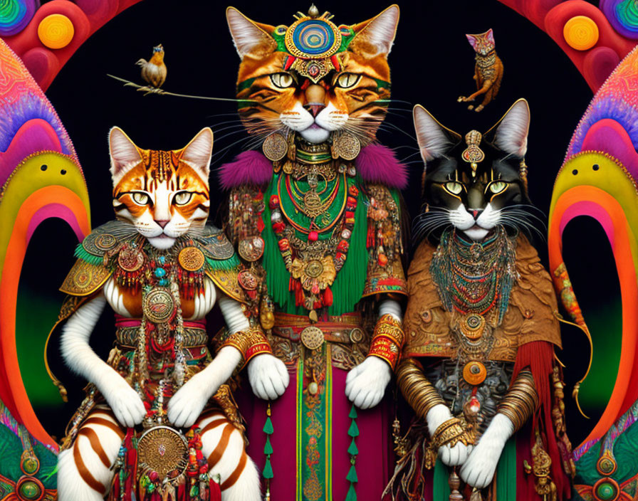 Three regally adorned cats in intricate attire against colorful, symmetrical backdrop