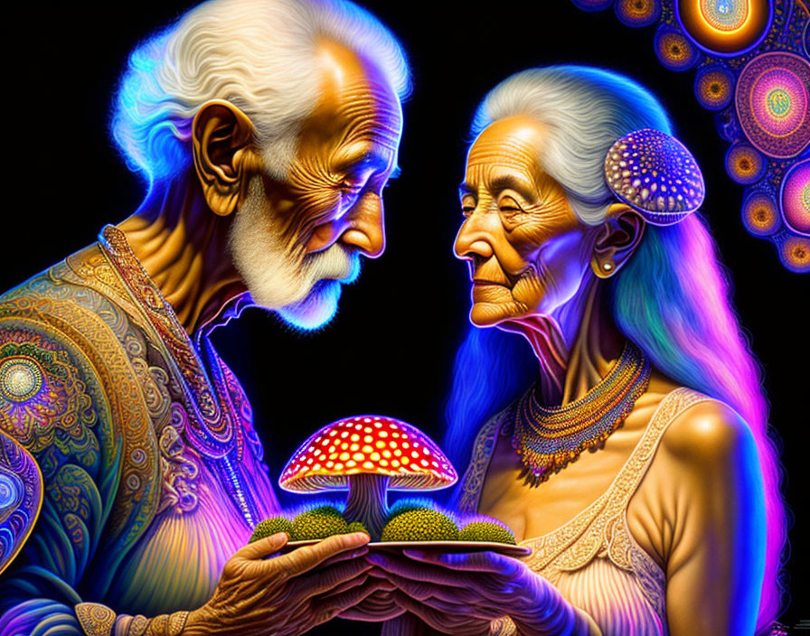 Elderly couple admiring colorful artwork with red mushroom amidst intricate patterns