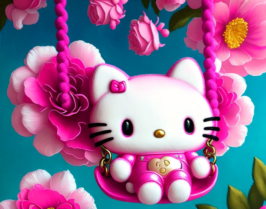 Adorable Hello Kitty on Pink Swing with Vibrant Flowers