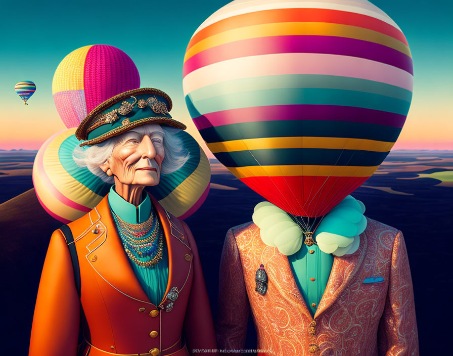 Elderly couple in vibrant outfits with oversized accessories and hot air balloons background