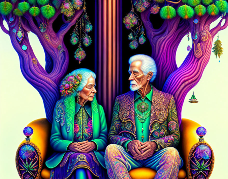 Elderly Couple in Vibrant Attire Under Fantasy Trees