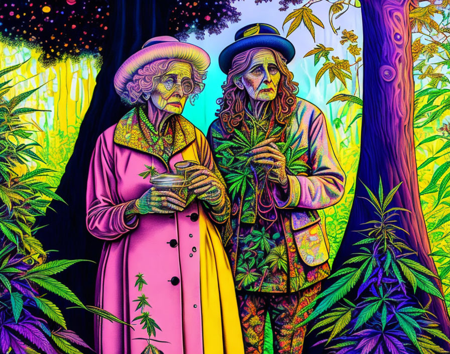 Elderly women with plants in vibrant forest scene