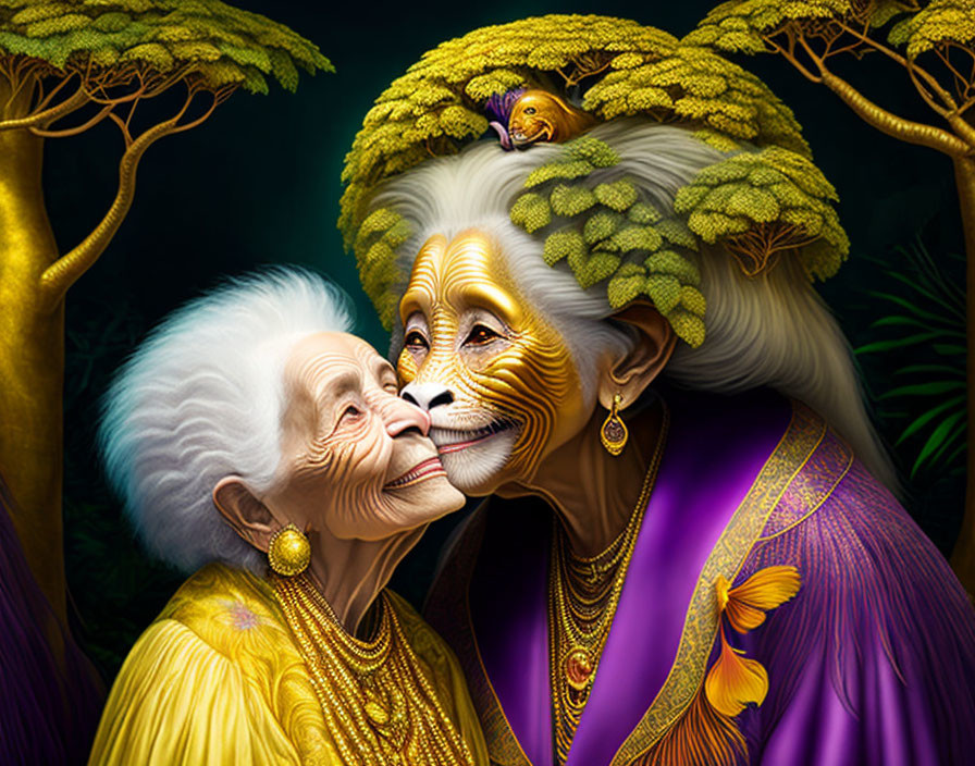 Colorful image of elderly women with monkey face paint and bird on tree hairstyle