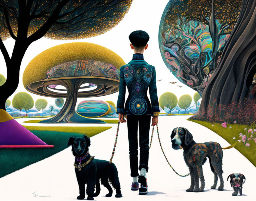 Person in Patterned Jacket Walking Dogs in Surreal Landscape