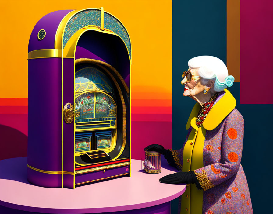 Colorfully dressed elderly woman near vintage jukebox on geometric background