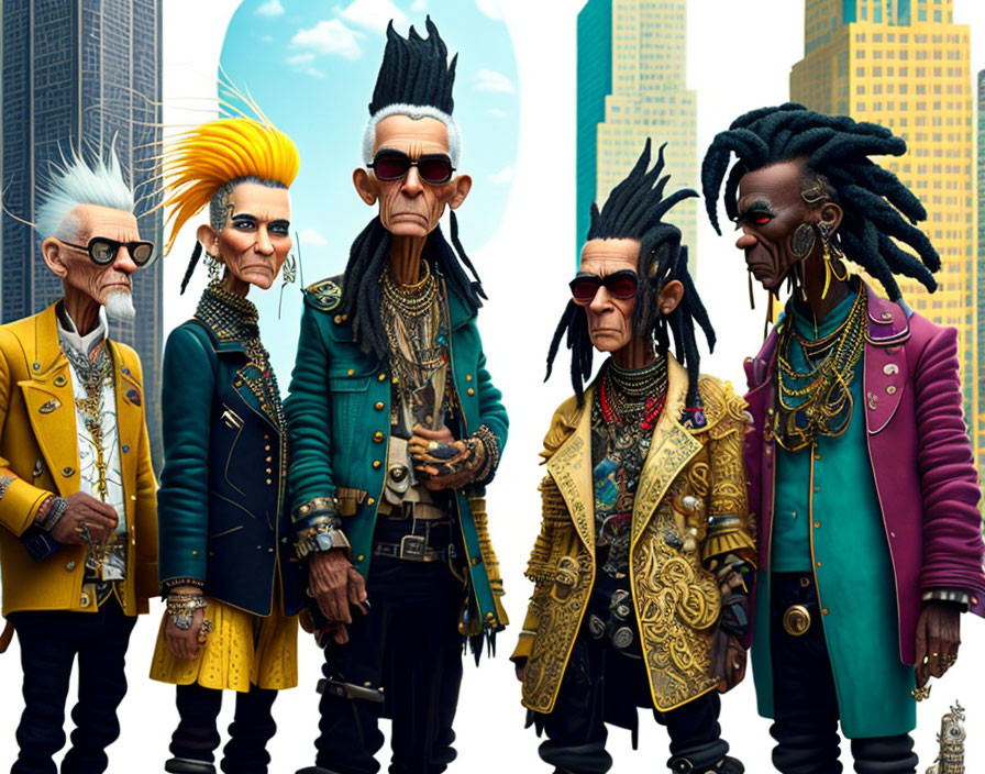 Five stylish animated elderly men with punk hairstyles posing in front of skyscrapers.