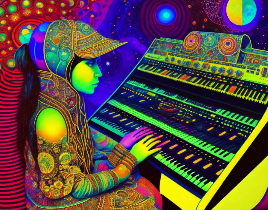 Colorful Synthesizer Player in Ornate Hood on Cosmic Background