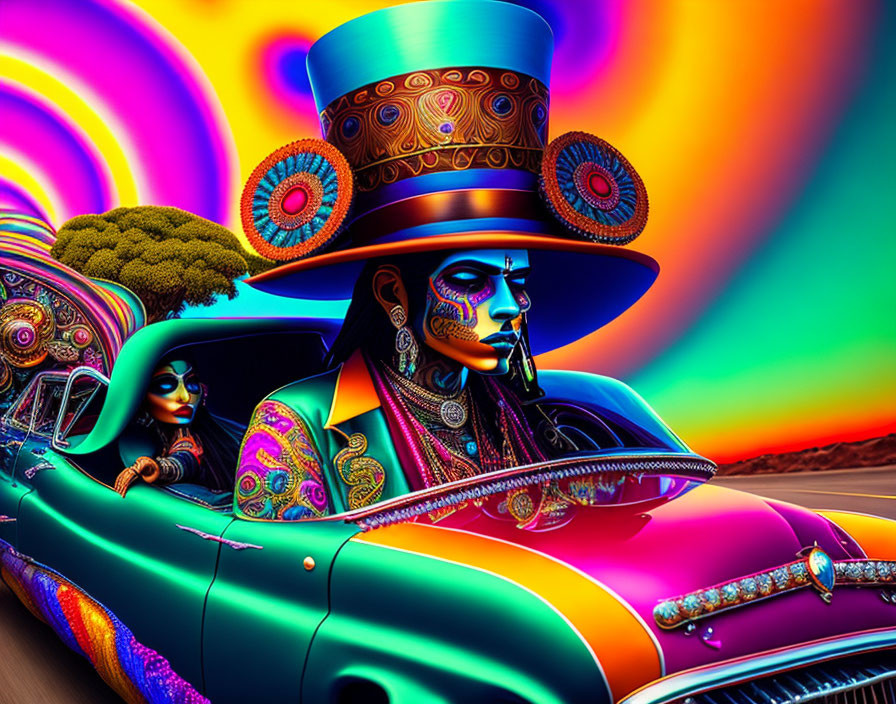 Colorful Psychedelic Artwork: Two Characters in Classic Car with Whirlpool Backdrop