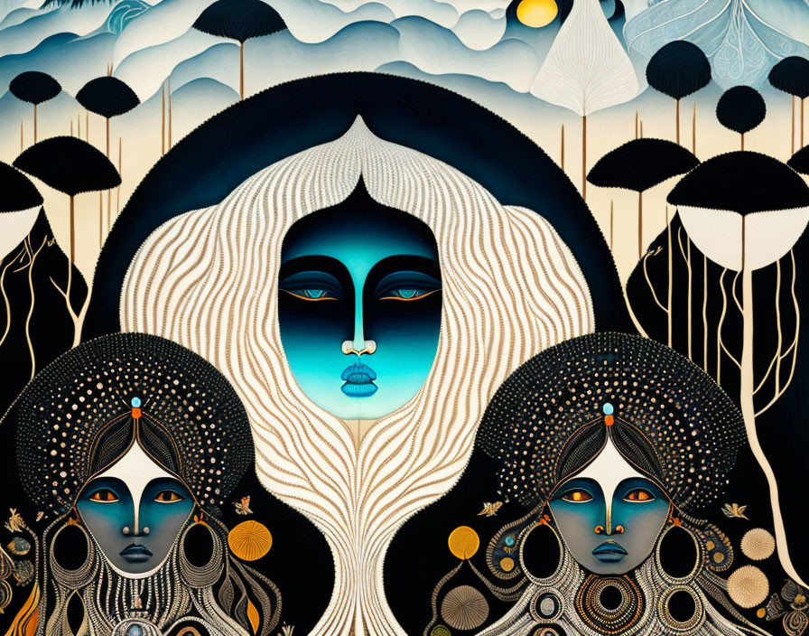 Stylized female figures with ornate headdresses in serene landscape