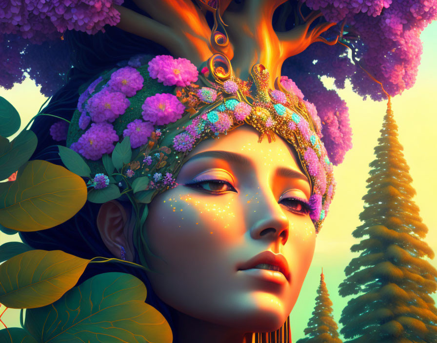 Stylized portrait of woman with purple flora, golden adornments, ethereal glow, against fantast